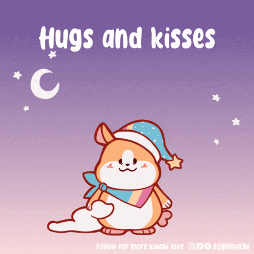 a cartoon of a dog with the words hugs and kisses