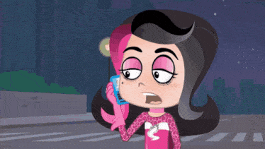 a cartoon girl is talking on a cell phone with a surprised look on her face