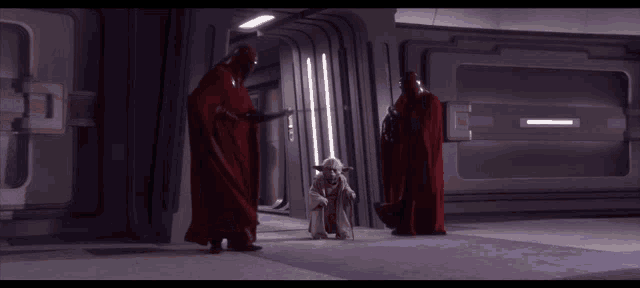 a cartoon character is standing in a hallway with a purple carpet
