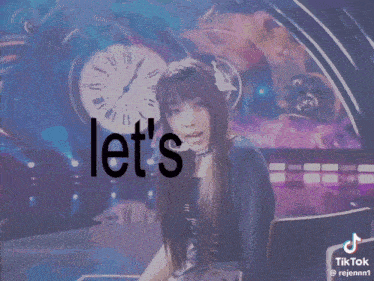a woman in a black dress is standing in front of a clock and the words a-s-a-p baby