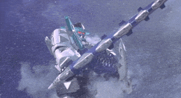 a robot is flying through the air and holding a sword