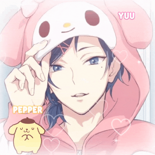 a picture of a boy wearing a pink hoodie and a pompompurin