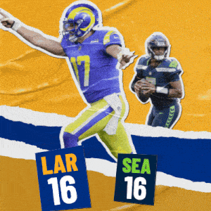 lar 16 and sea 16 football players on a yellow blue and white background