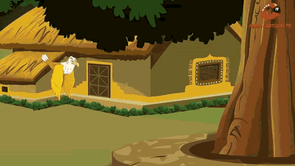a cartoon drawing of a house with a thatched roof and a tree