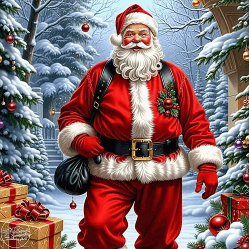 a painting of santa claus in a snowy scene