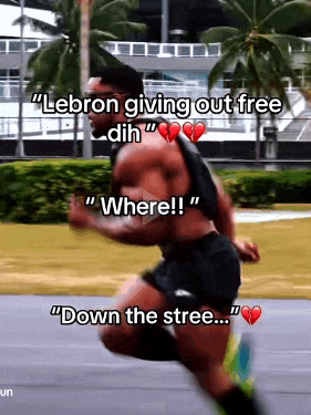 a picture of a man running with the caption lebron giving out free din where and down the stree