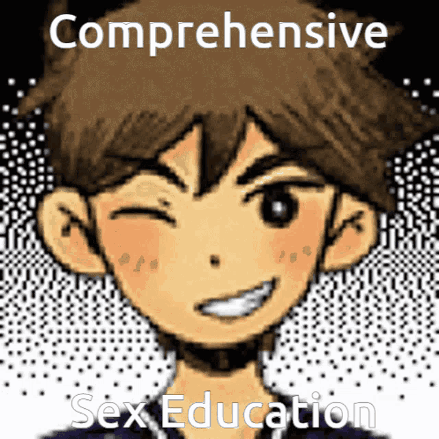 a cartoon of a boy with the words comprehensive sex education on the bottom