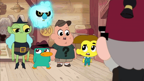 a group of cartoon characters standing in front of a sign that says 30