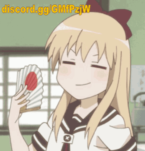 a cartoon girl holding a fan with discord.gg/gmfpzjw written on the bottom