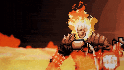 a pixel art of a man with flames coming out of his mouth