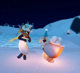a couple of stuffed animals standing in the snow wearing hats .