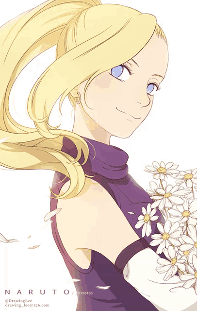 a girl with blonde hair and blue eyes is holding a bouquet of daisies with naruto written on the bottom