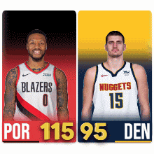 two basketball players from the blazers and the nuggets are standing next to each other