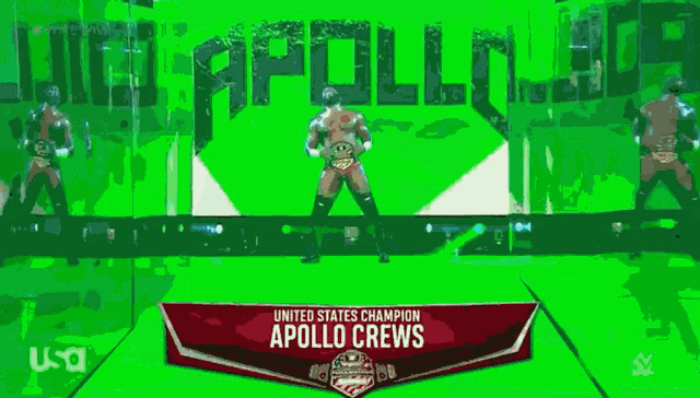the united states champion apollo crews is on a green background