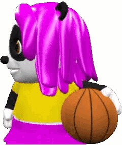a cartoon squirrel with pink hair is holding a basketball