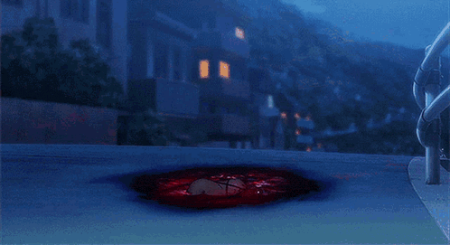 a girl in a red dress is surrounded by blood and bullet holes in the background .