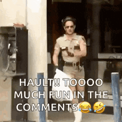 a man in a police uniform is carrying a bag and says `` haul ! too much fun in the comments '' .