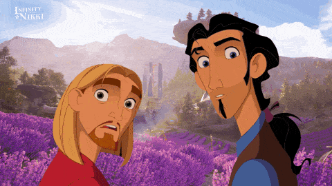 two cartoon characters are standing in front of a field of purple flowers with the words infinity nikki on the bottom