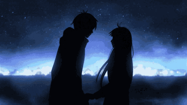 a silhouette of a man and woman holding hands