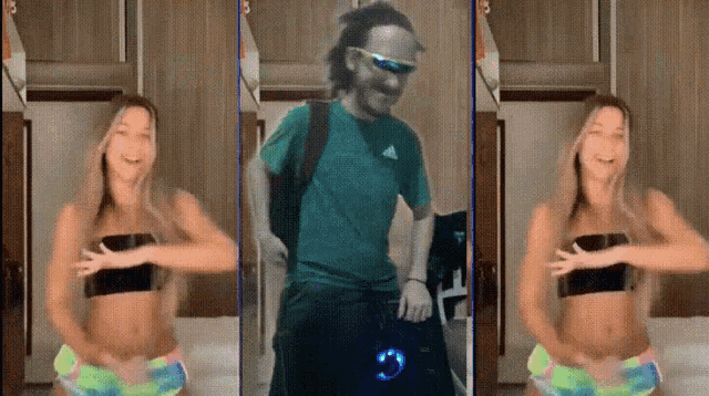 a man wearing sunglasses and a green adidas shirt is dancing with a woman