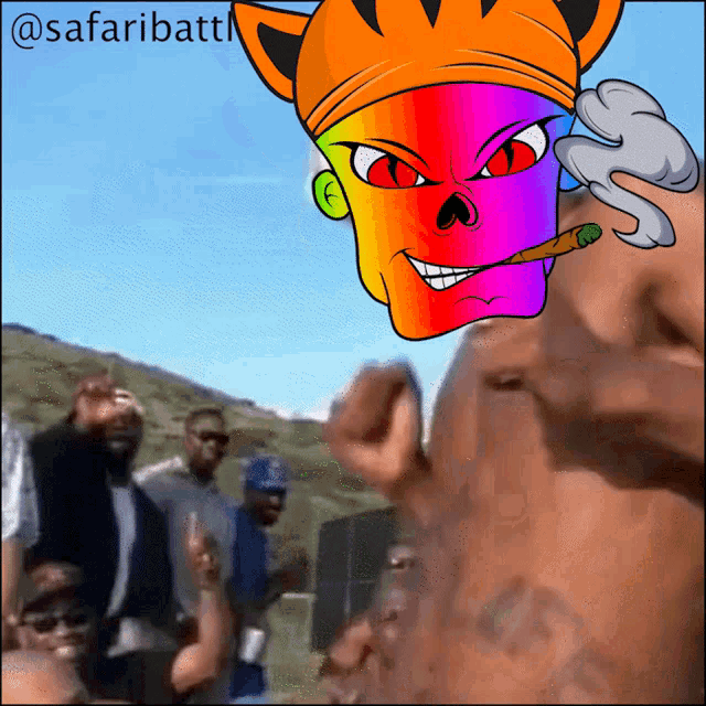 a cartoon of a man smoking a cigarette with the caption safaribattl on the bottom