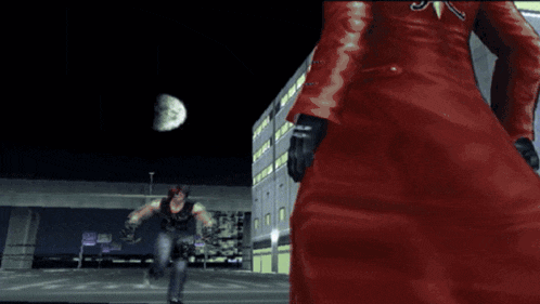 a man in a video game is standing in front of a large building