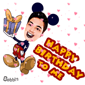 a cartoon of mickey mouse holding a gift box with the words happy birthday to me
