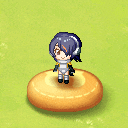 a cartoon character with purple hair is standing on a donut