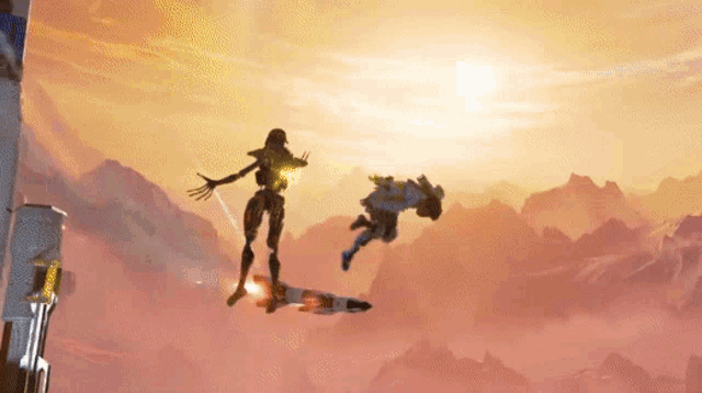 a video game character is flying through the air while another character is flying in the background .