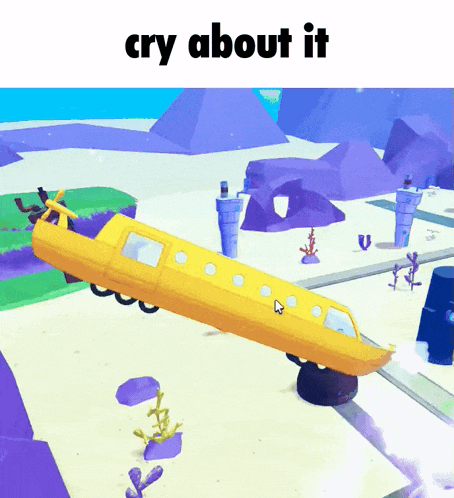 a yellow airplane in a video game with the words cry about it above it