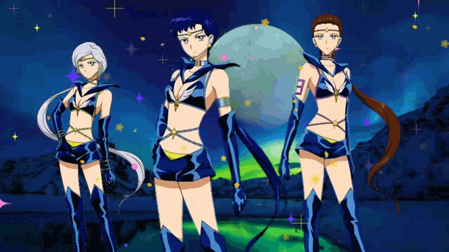 three anime characters are standing next to each other with the number 3 on their arm
