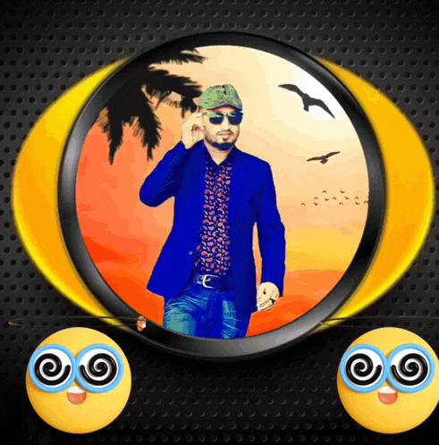 a man wearing sunglasses and a hat is in a circle with two smiley faces