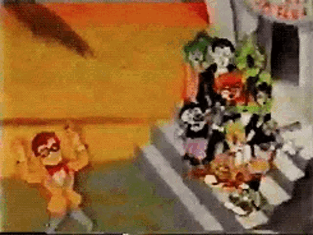a cartoon of a group of people standing on a street .