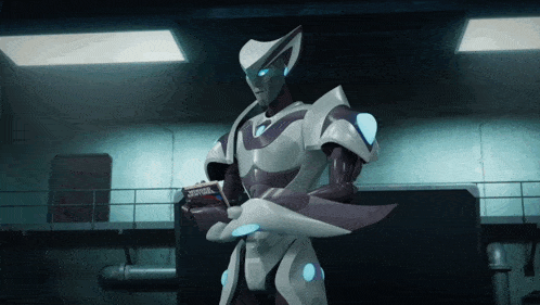 a robot is holding a box that says ' justice ' on it