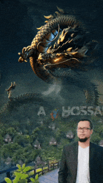 a man in a suit stands in front of a poster that says a hossai
