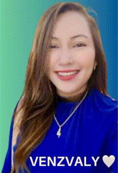 a woman in a blue shirt with the name venzvaly on the bottom