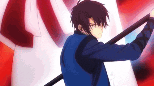 a man in a blue jacket is holding a sword in his right hand .