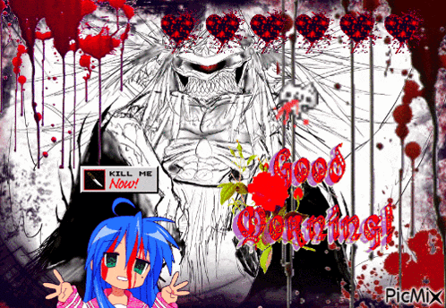 a girl with blood on her face is standing in front of a monster with a kill me now sign