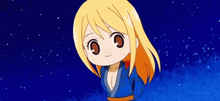 a cartoon girl with long blonde hair is wearing a blue kimono and smiling .