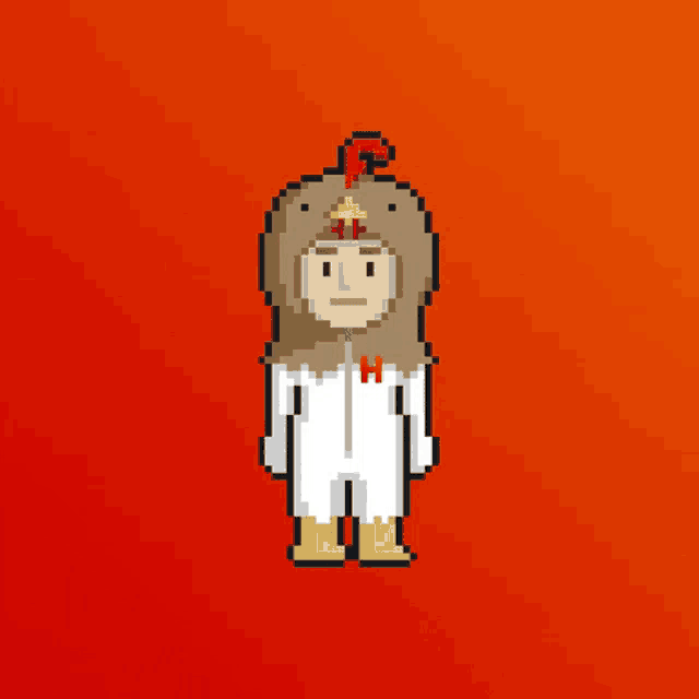 a pixel art of a person dressed in a chicken costume