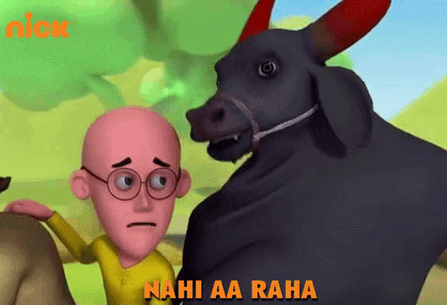a cartoon of a bald man standing next to a bull with the words nahi aa raha above him