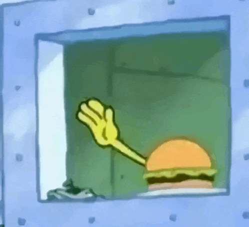 a cartoon character 's hand is reaching out towards a hamburger .