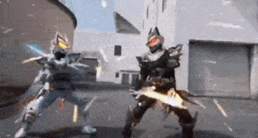 two kamen riders are fighting each other in a parking lot with swords .