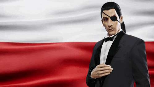 a man in a tuxedo with an eye patch stands in front of a polish flag