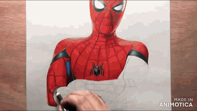 a person is drawing a spider man with a pencil on a piece of paper .