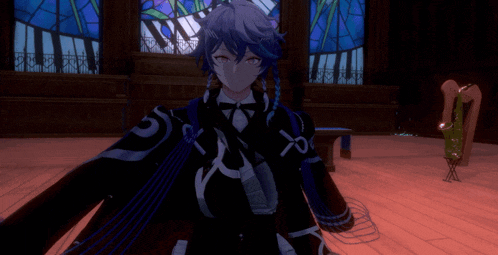 a saxophone is sitting on a stand in front of a stained glass window