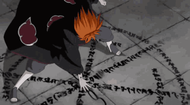 a person with red hair and a black cloud on their back is writing in a circle