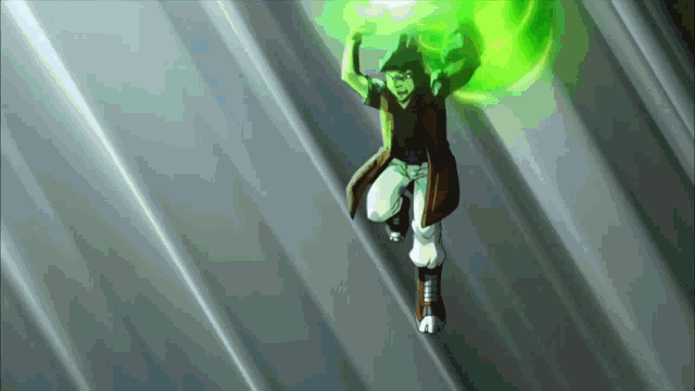 a cartoon character is flying through the air with a green glow around him
