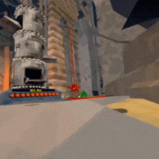 a cartoon scene with a tower in the background and a person standing in the foreground