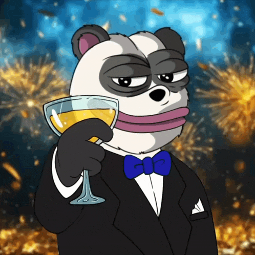 a cartoon bear wearing a tuxedo and bow tie holds a glass of wine